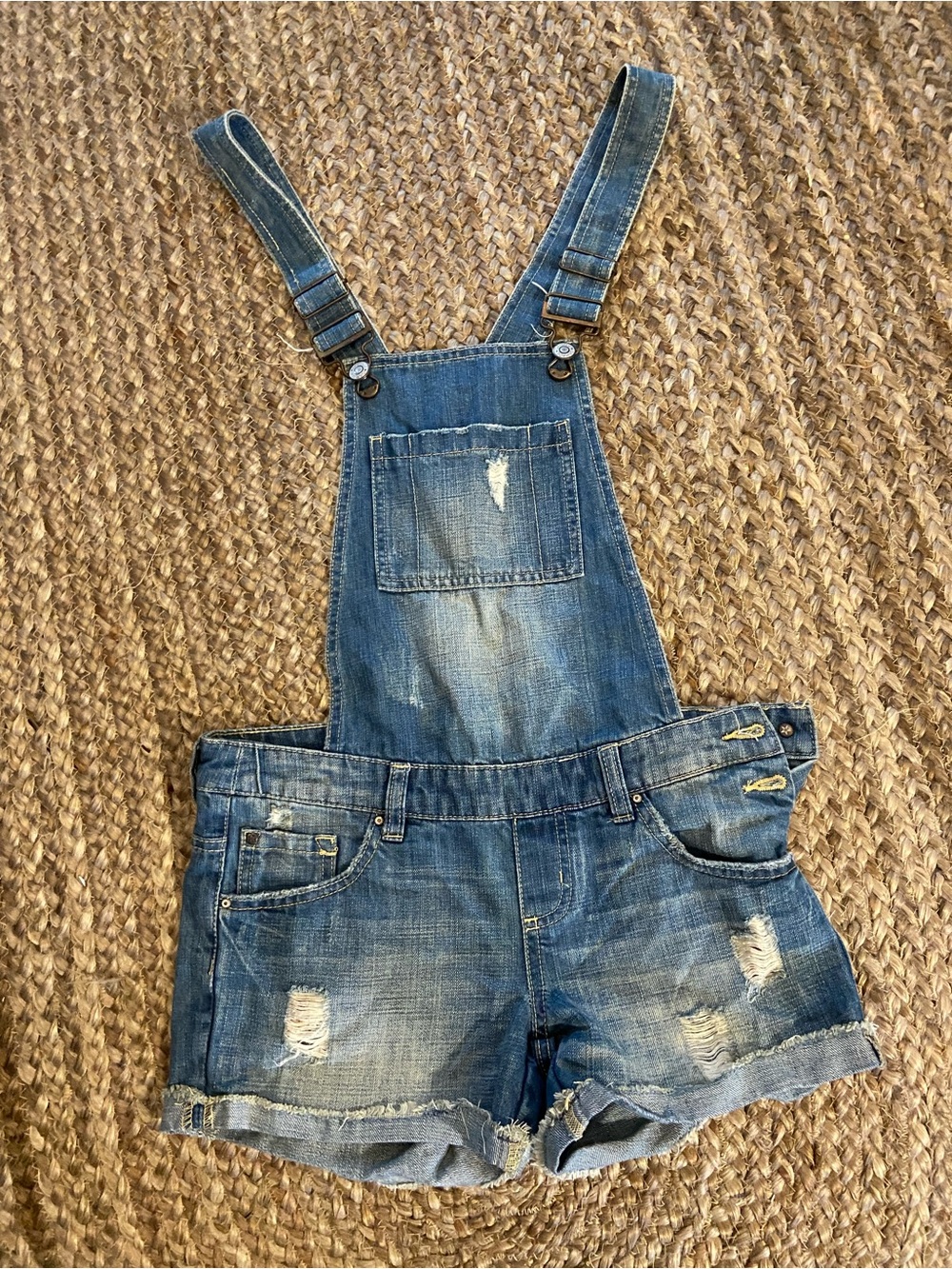 Garage Distressed Blue Denim Short Overalls